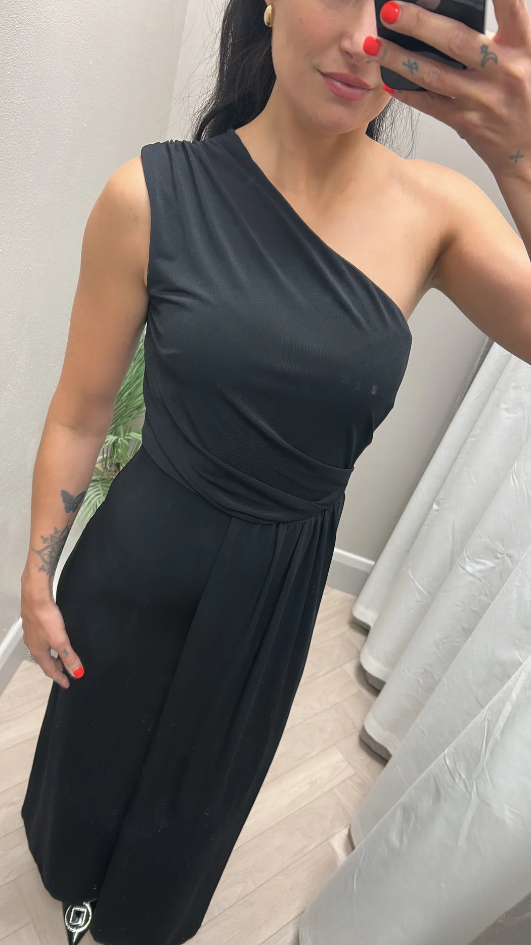 Emma black one shoulder midi dress