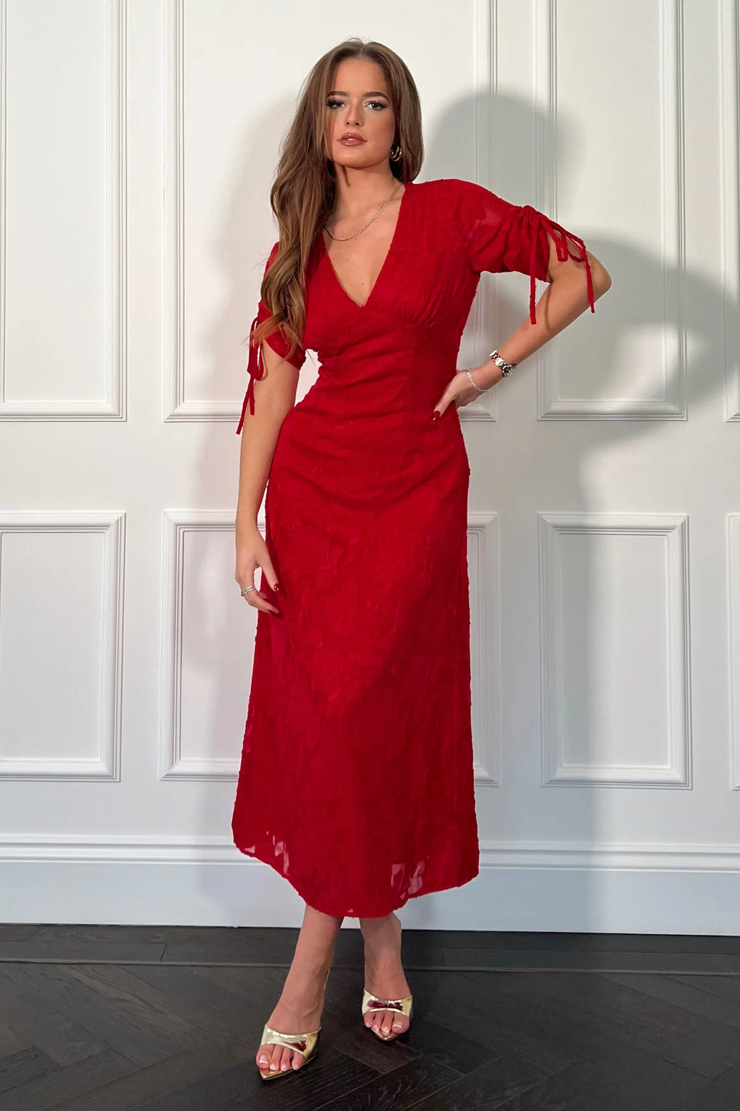 Emily red Burnout Tie Sleeve Midi Dress