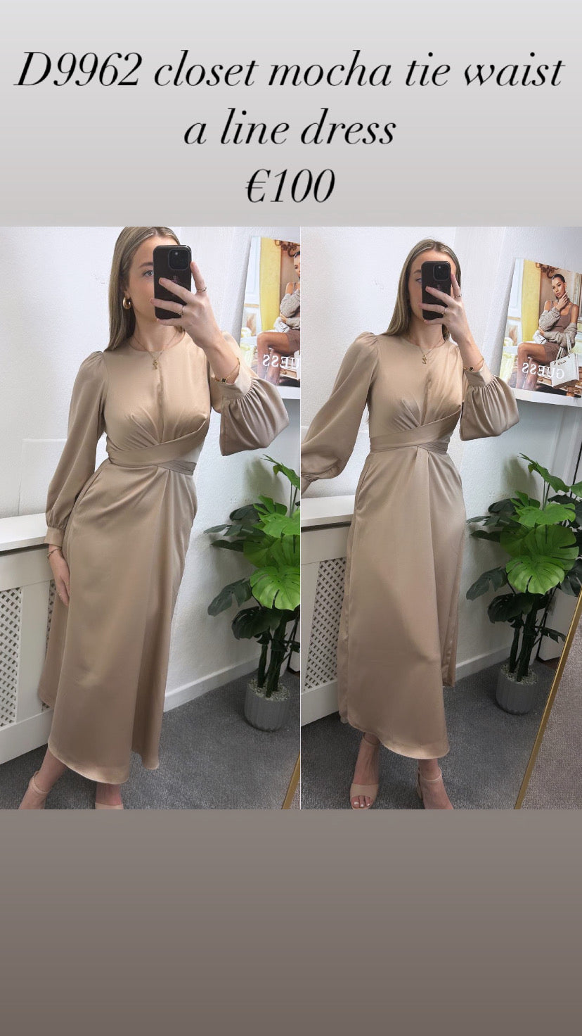 D9962 closet mocha tie waist a line dress