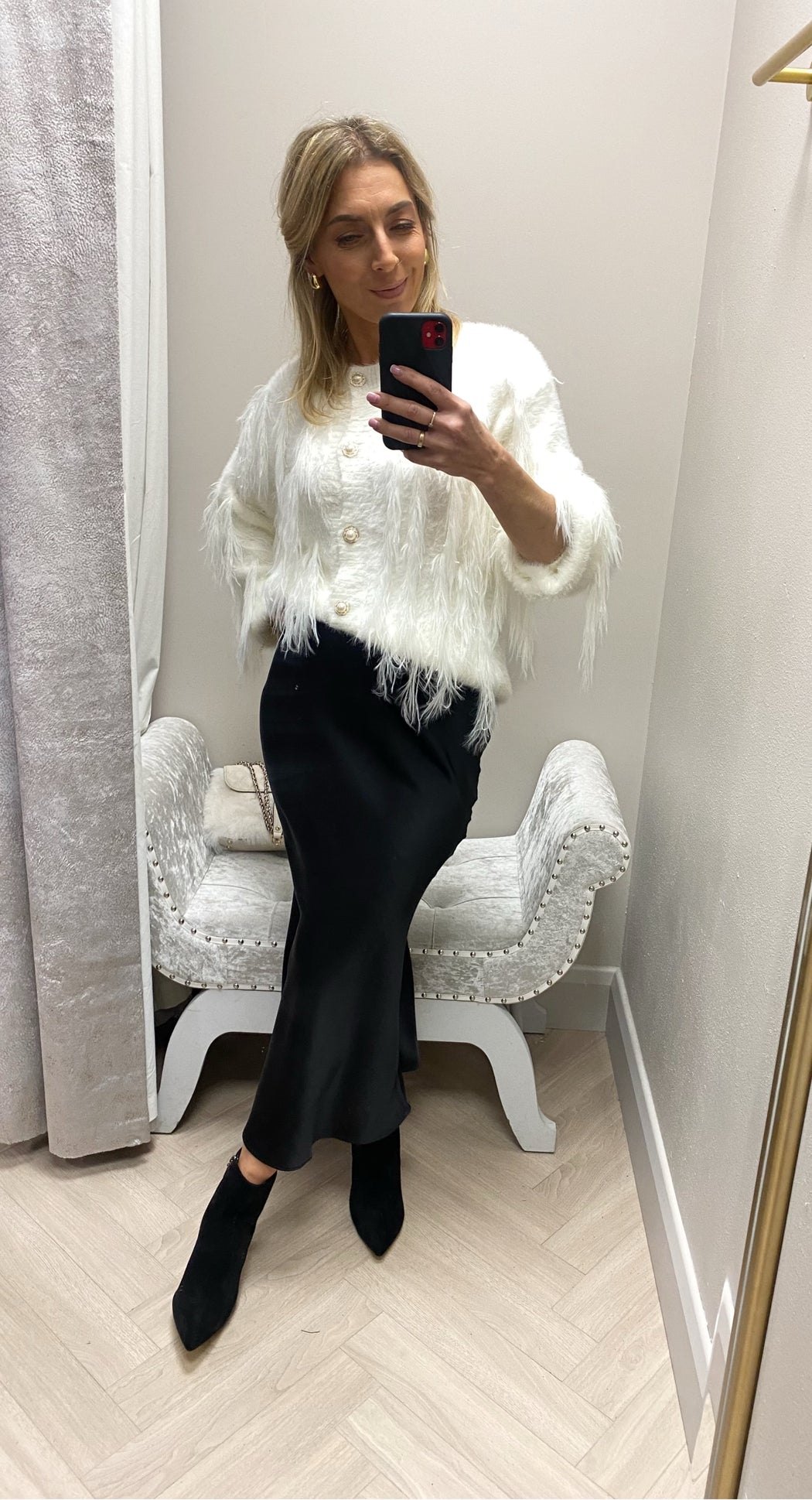 Zora black satin midi skirt