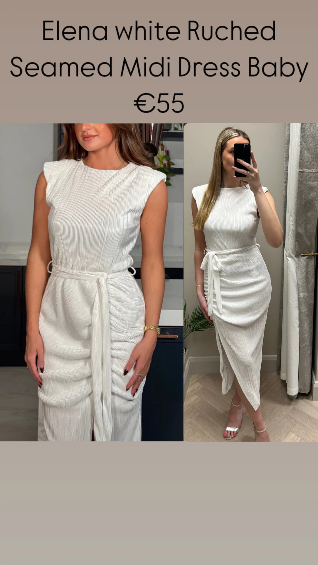 Elena white Ruched Seamed Midi Dress Baby