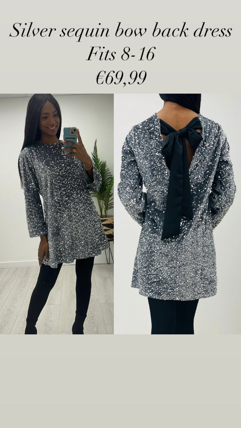 Silver sequin bow back dress