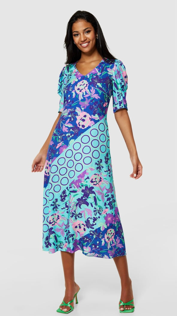 D10290 aqua blue floral aline midi