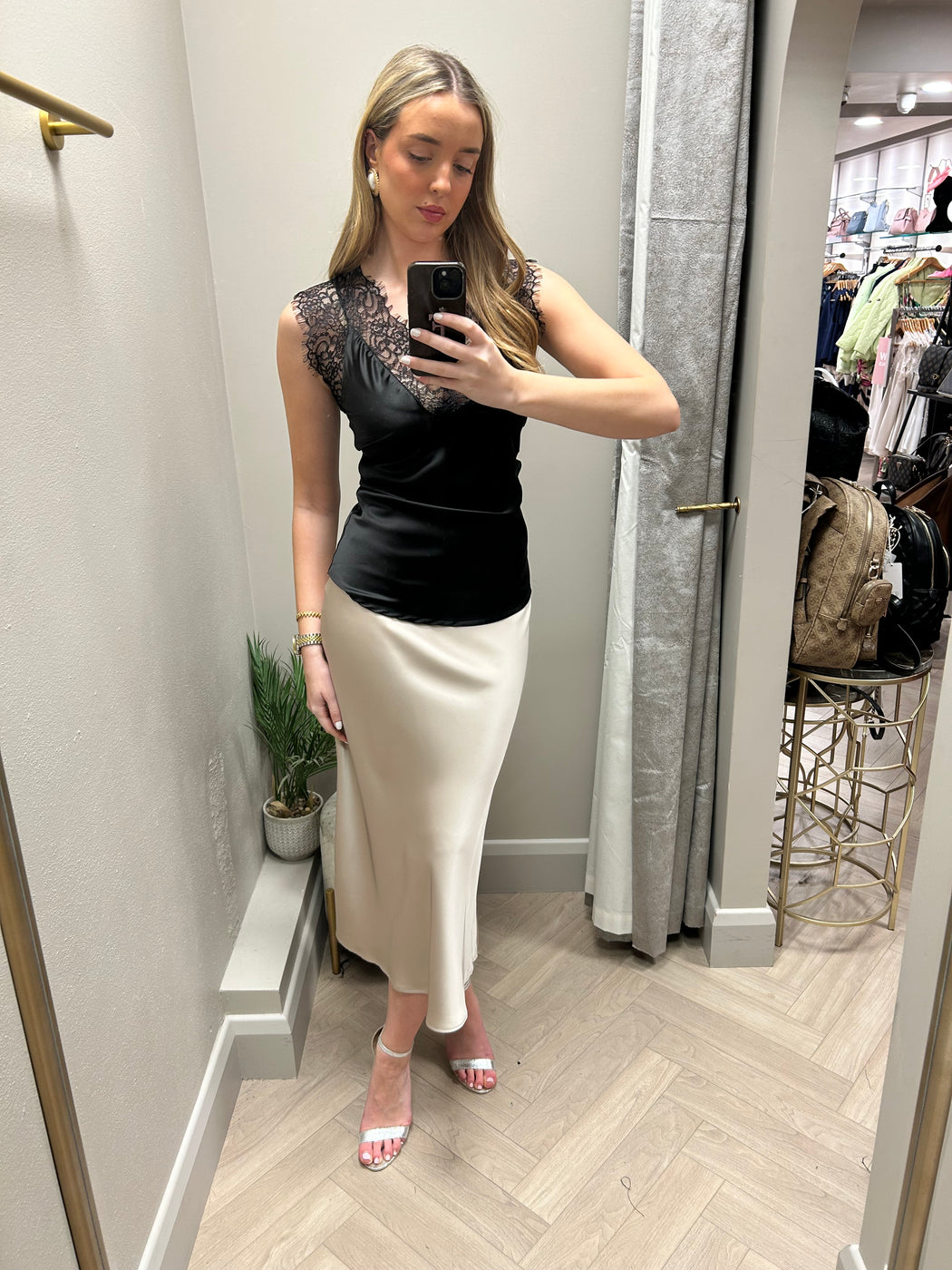 Champagne  satin Kansas midi skirt