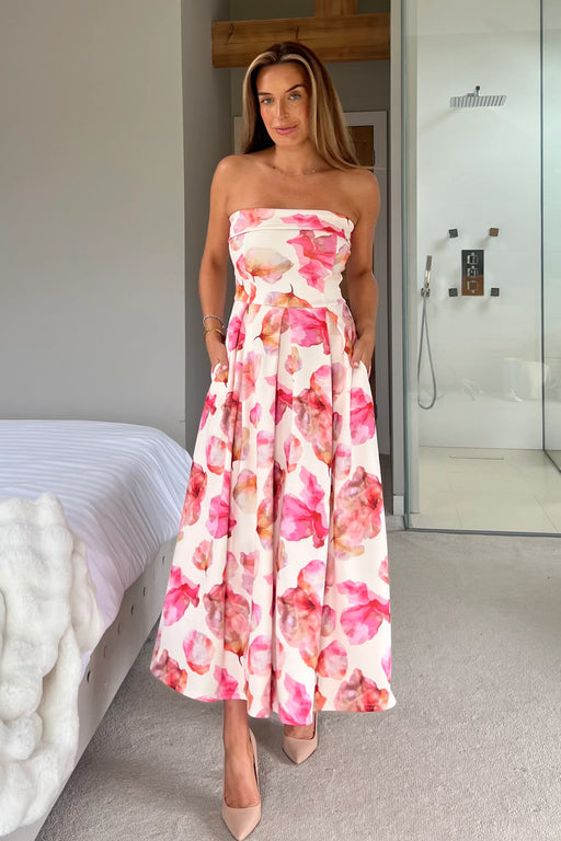 Danni Strapless Bandeau Midi Dress Pink Floral