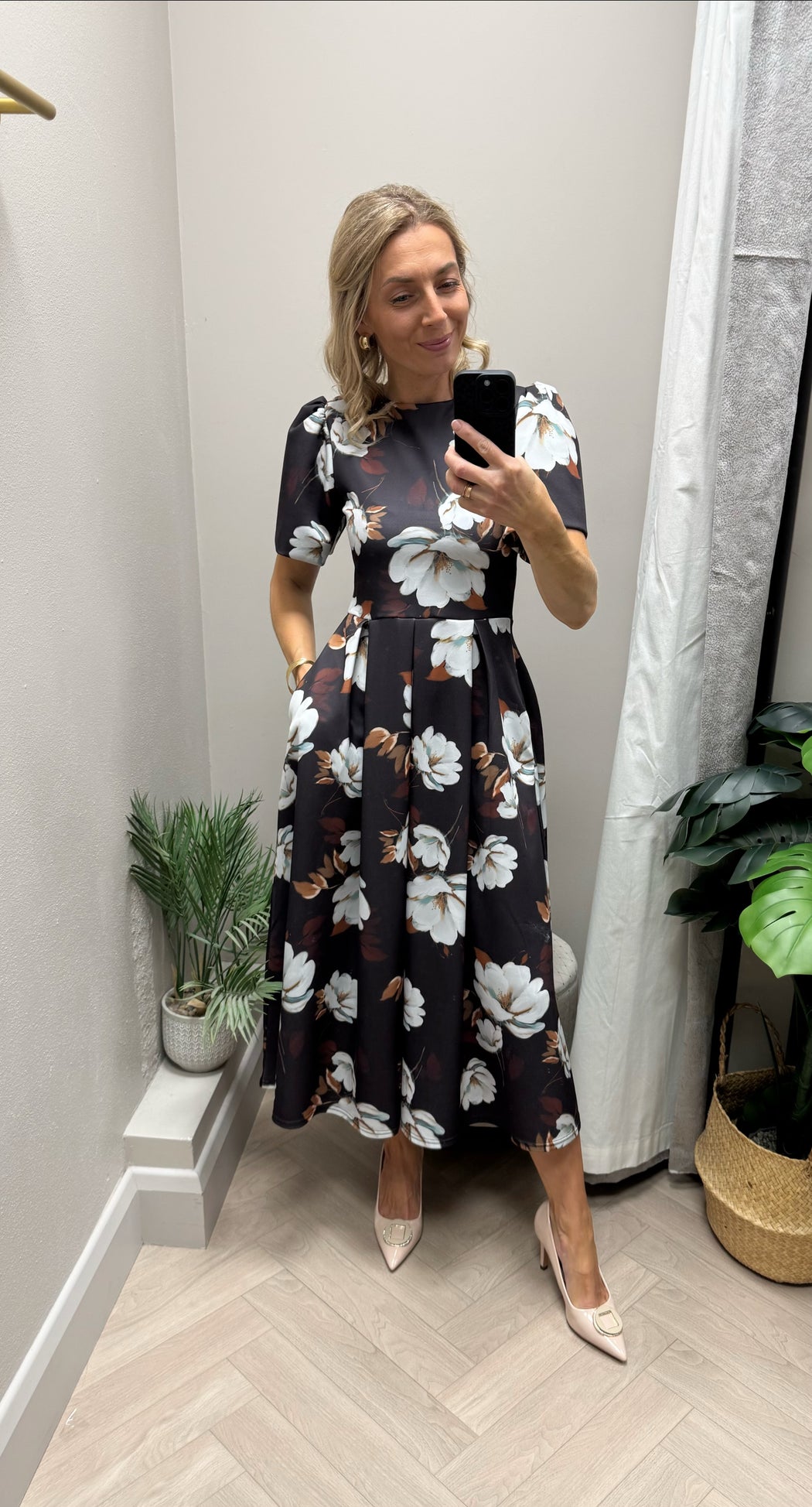 Elowin Statement Sleeve Skater Midi Dress Brown Floral