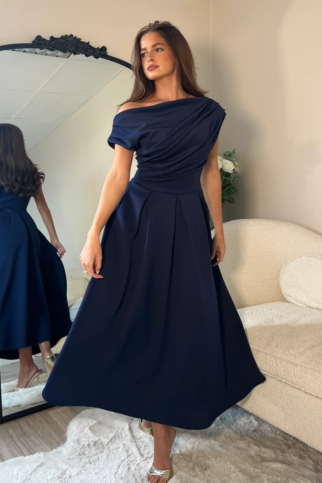 Betty Asymmetric Neckline Skater Midi Navy