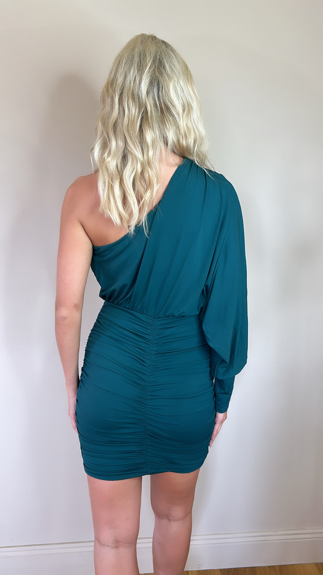 Da1621 Teal One Sleeve Ruched Bodycon Mini Dress