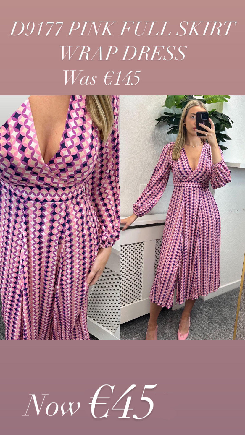 D9177 PINK FULL SKIRT WRAP DRESS