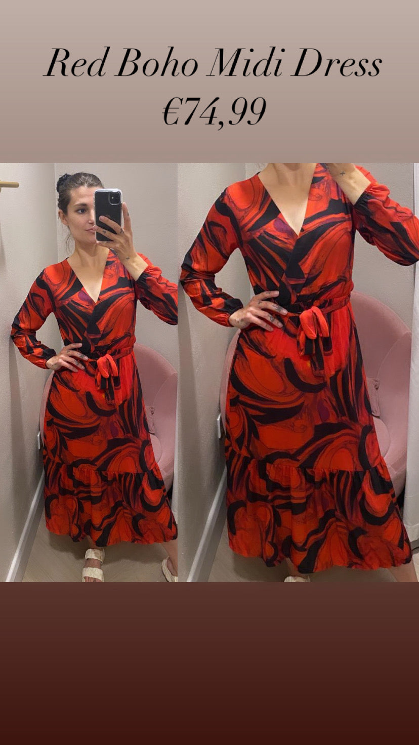 Red Boho Midi Dress