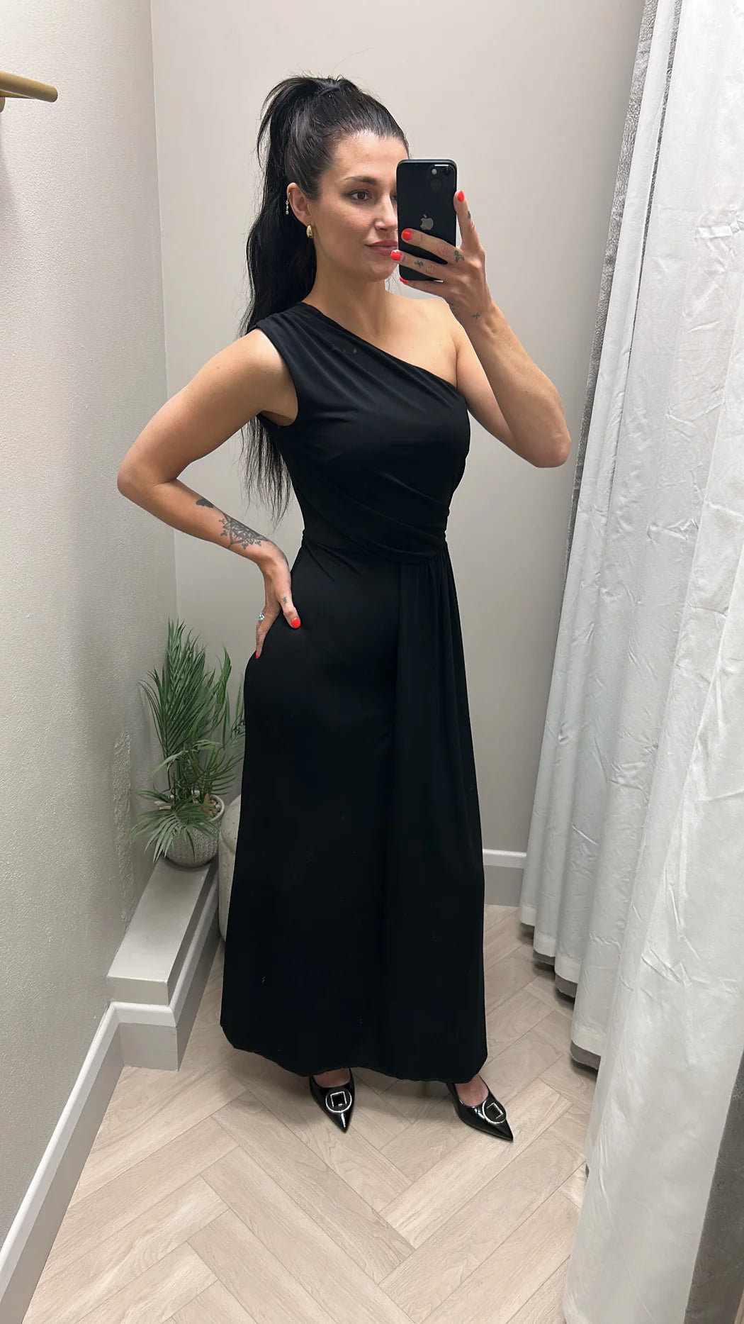 Emma black one shoulder midi dress