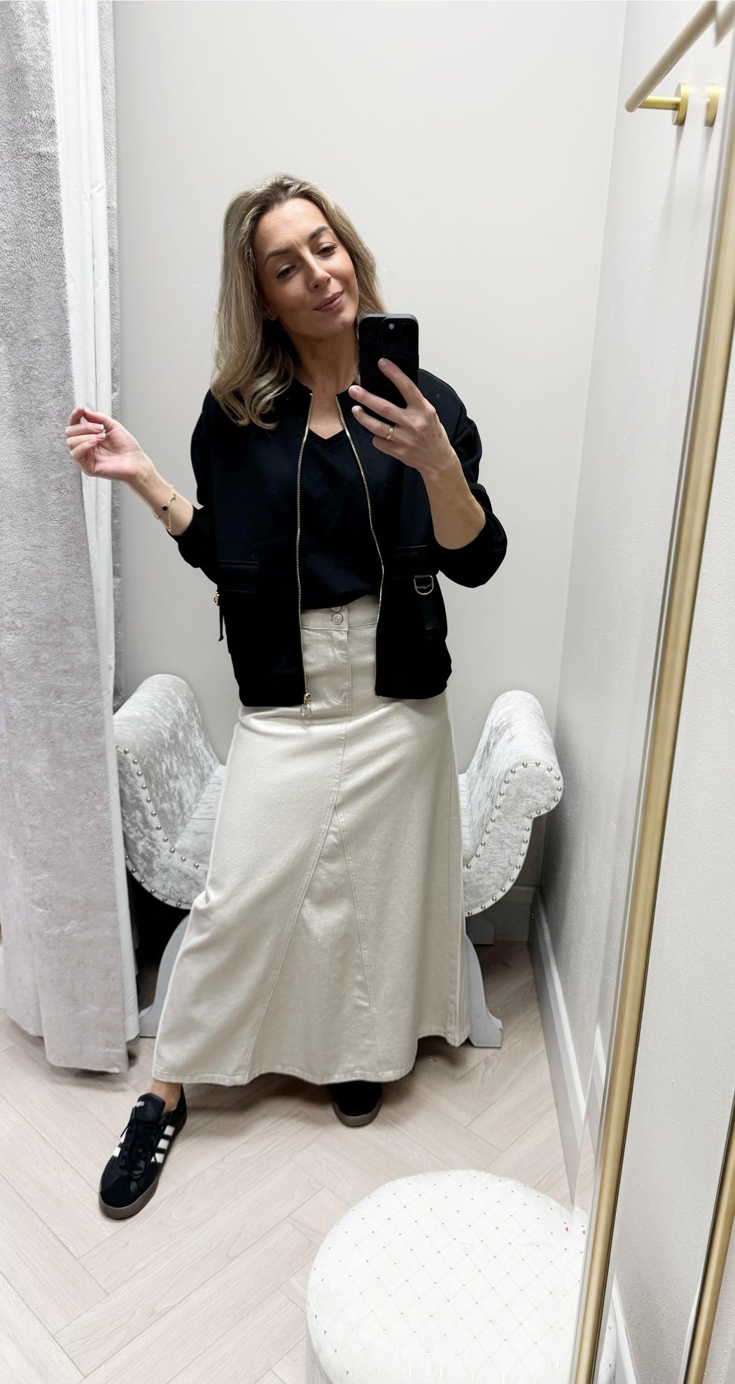Carrie gold shimmer denim maxi skirt