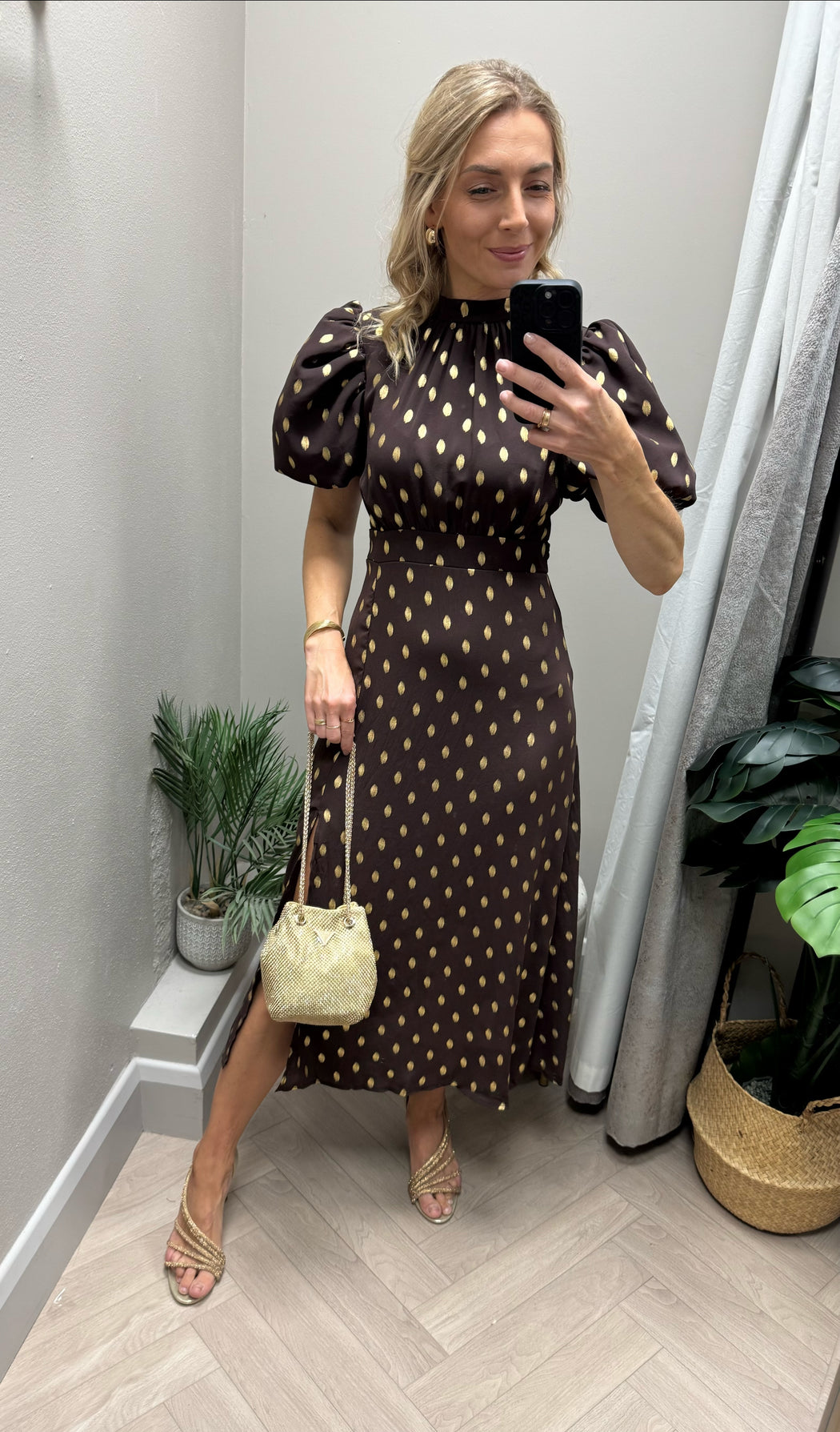 Lilith Brown & Gold Puff Sleeve High Neck Midi Dress