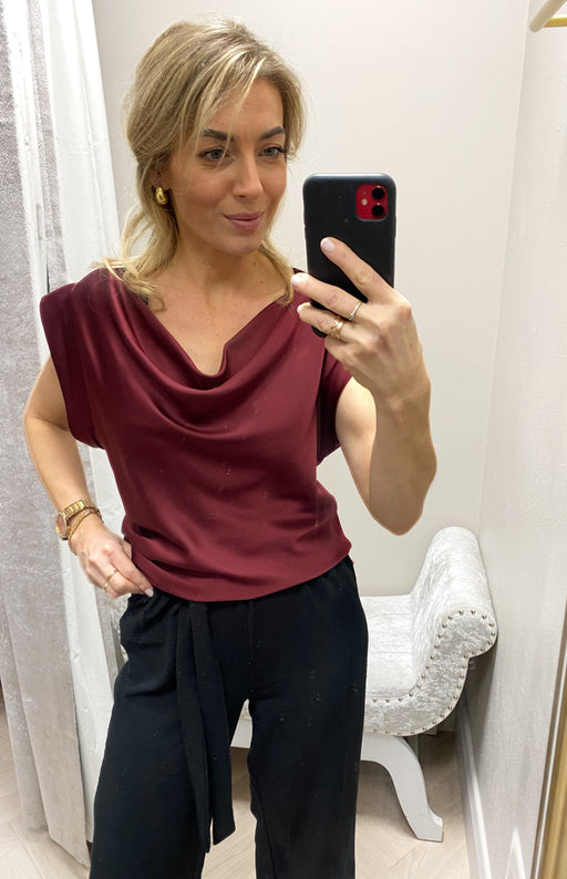 Satin wine cowl neck top