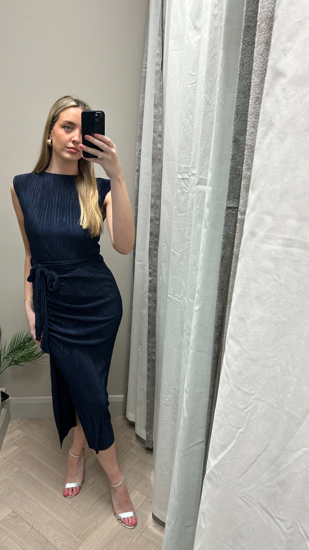 Elena navy ruched  Seamed Midi Dress Baby