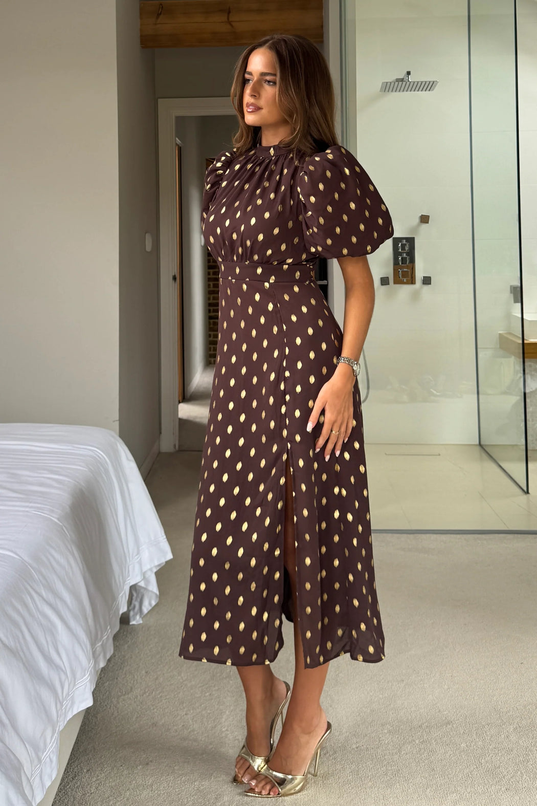Lilith Brown & Gold Puff Sleeve High Neck Midi Dress