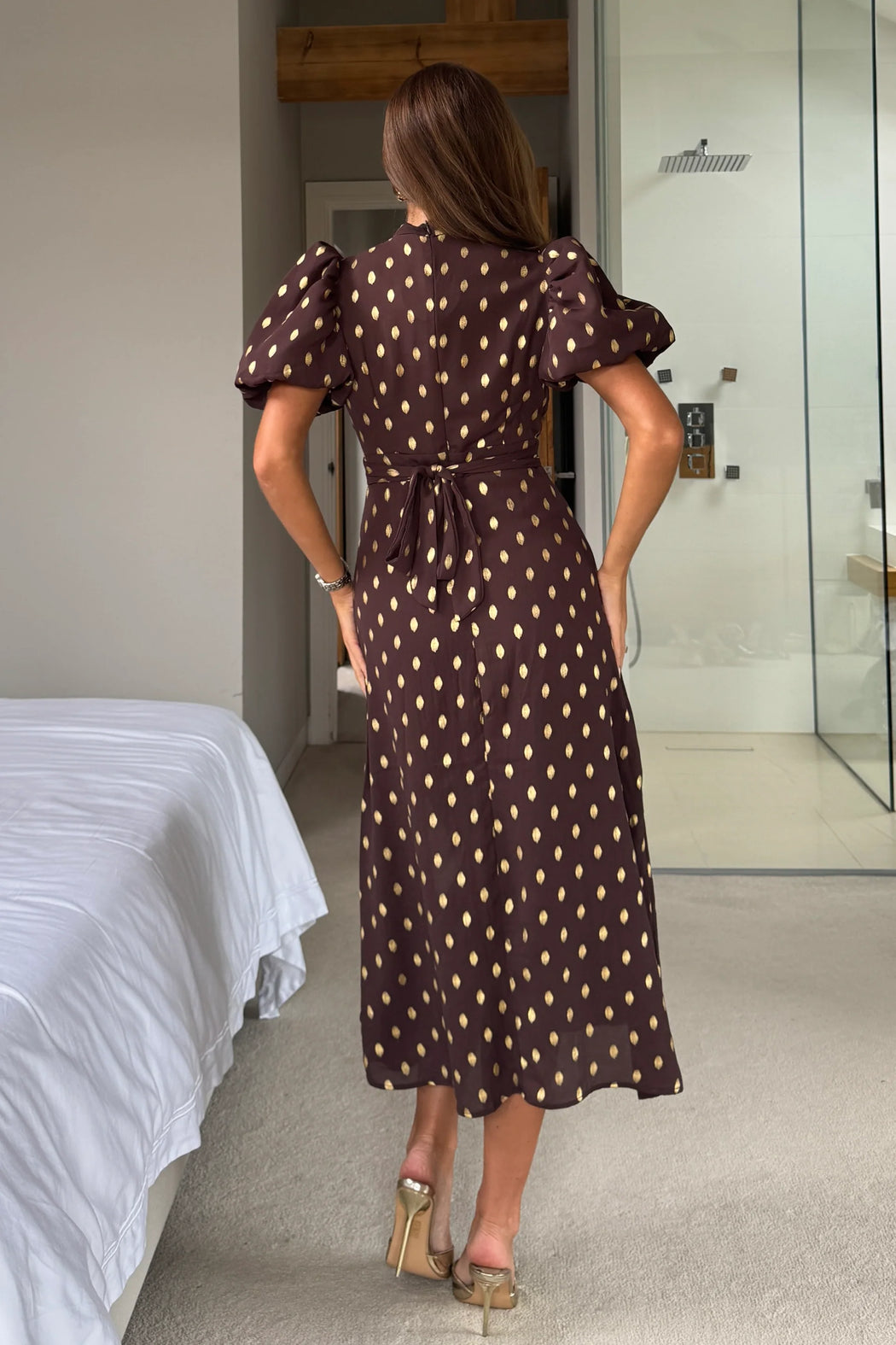 Lilith Brown & Gold Puff Sleeve High Neck Midi Dress