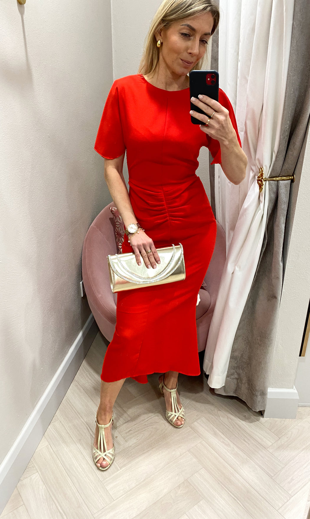 Cleo Red Ruched Detail Midi Dress
