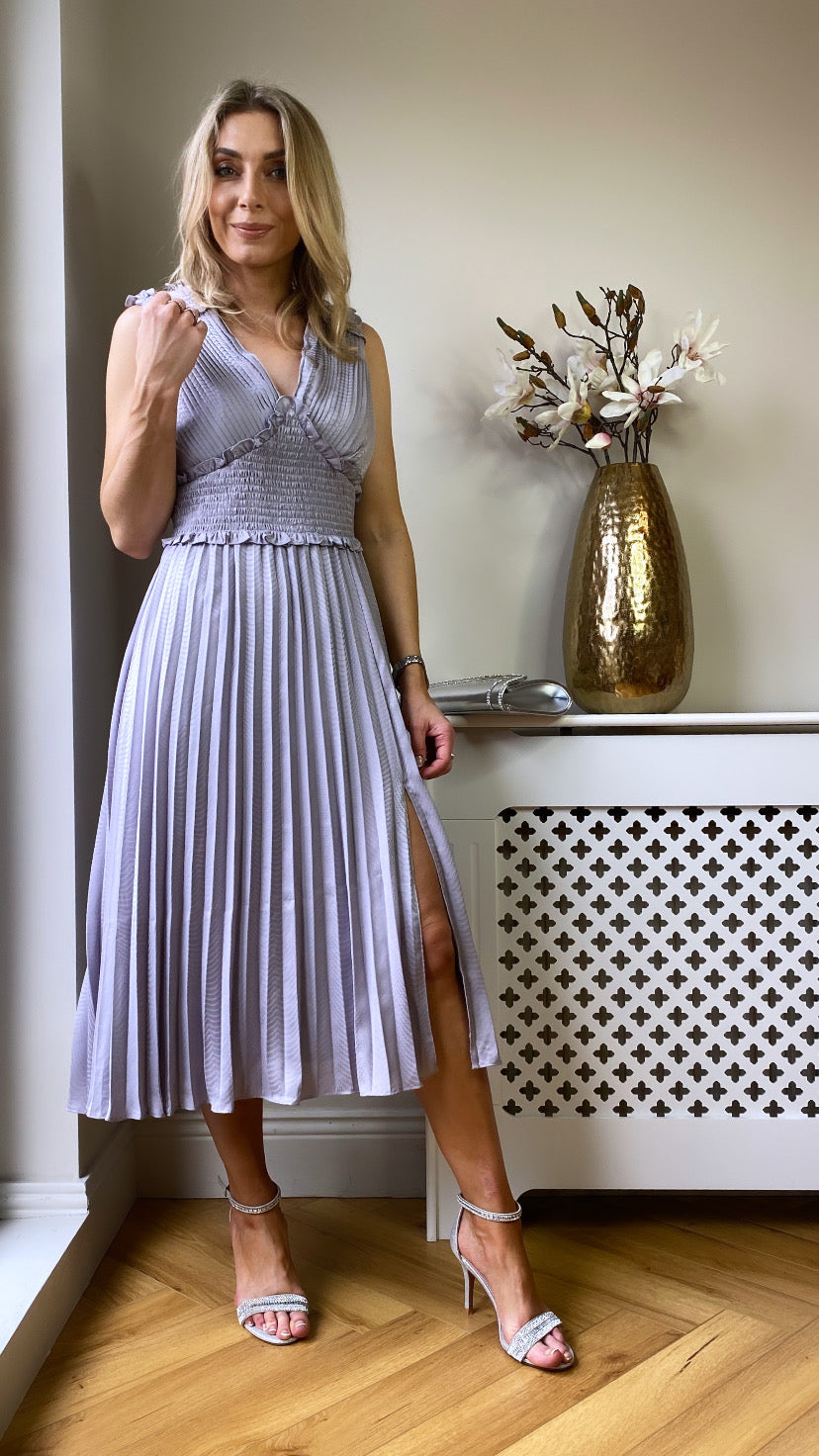 Lilac Grey Plunge Front Pleated Midi Dress