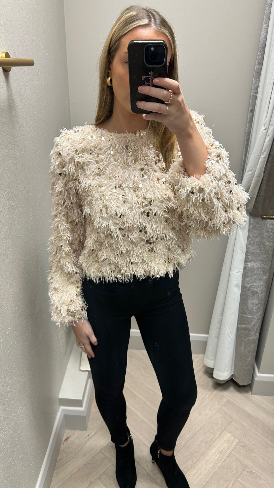 Cream gold feather knit top