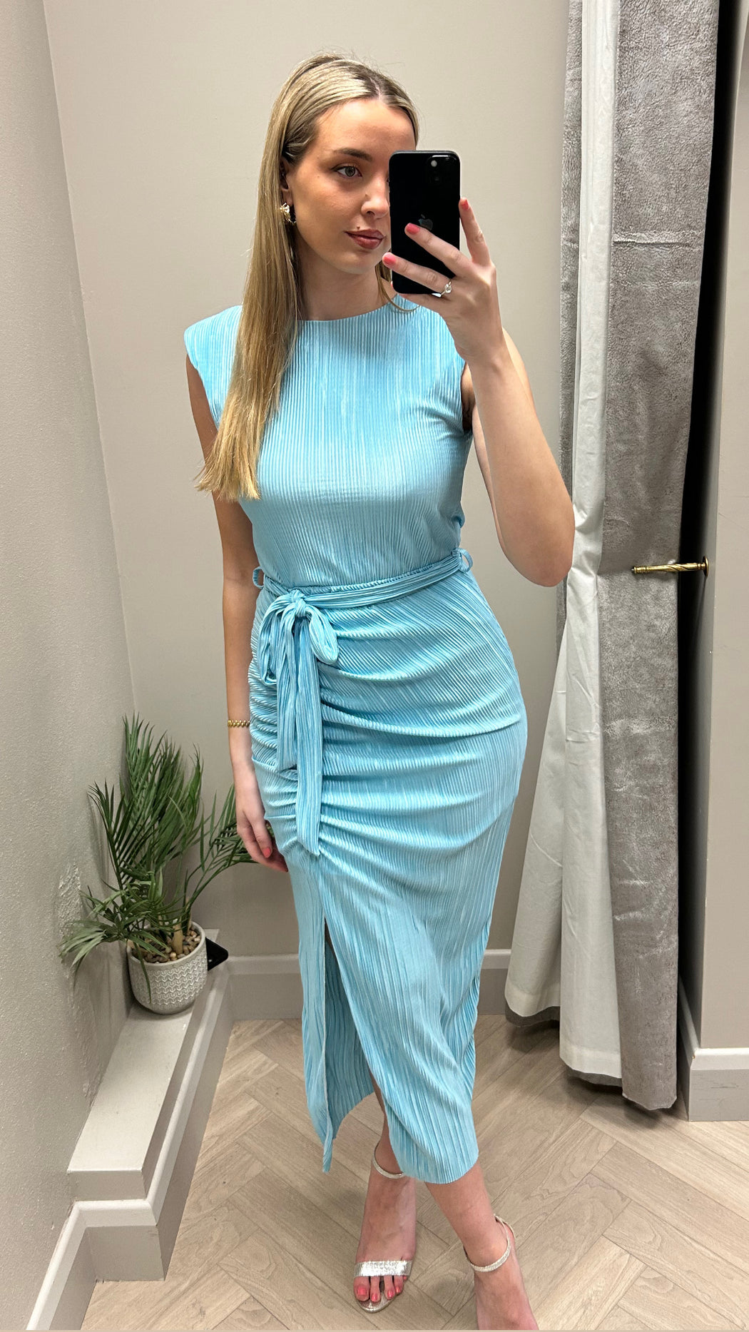 Elena sky blue Ruched Seamed Midi Dress