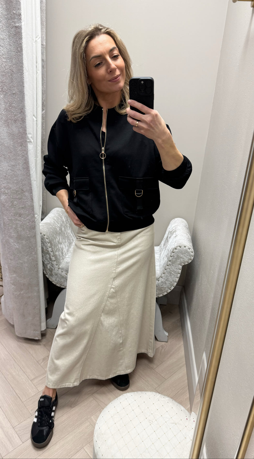 Carrie gold shimmer denim maxi skirt