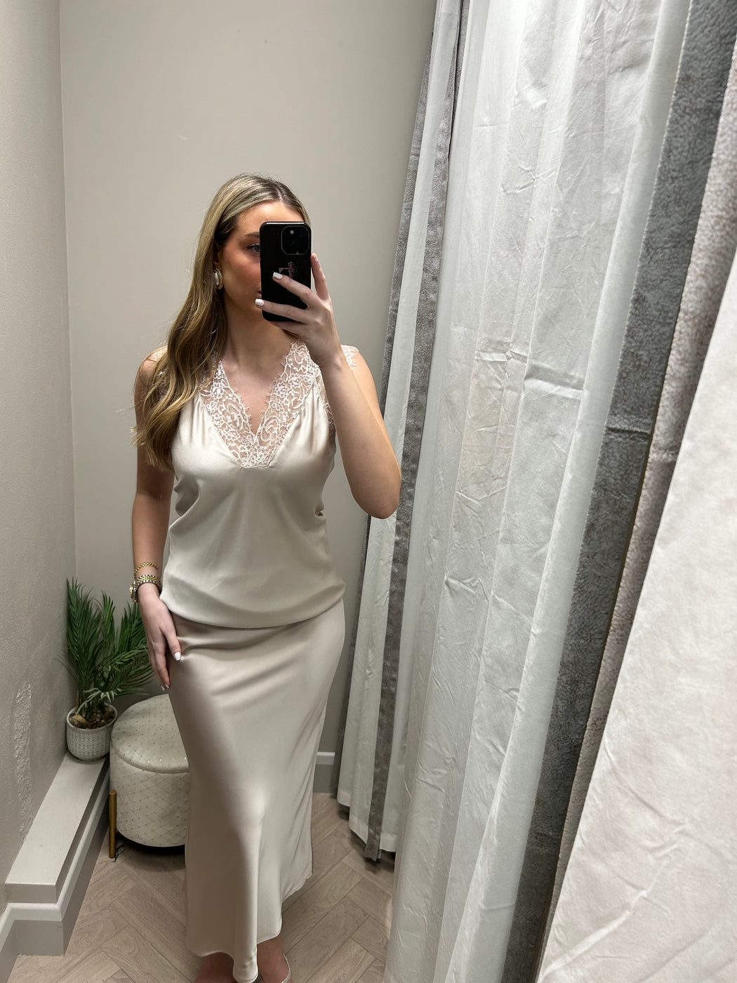 Champagne  satin Kansas midi skirt