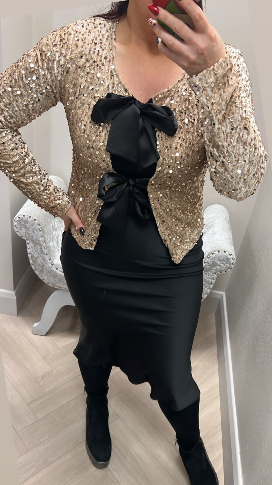 Zora black satin midi skirt