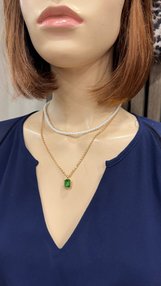 R437ncb PEARL & EMERALD LAYERED NECKLACE