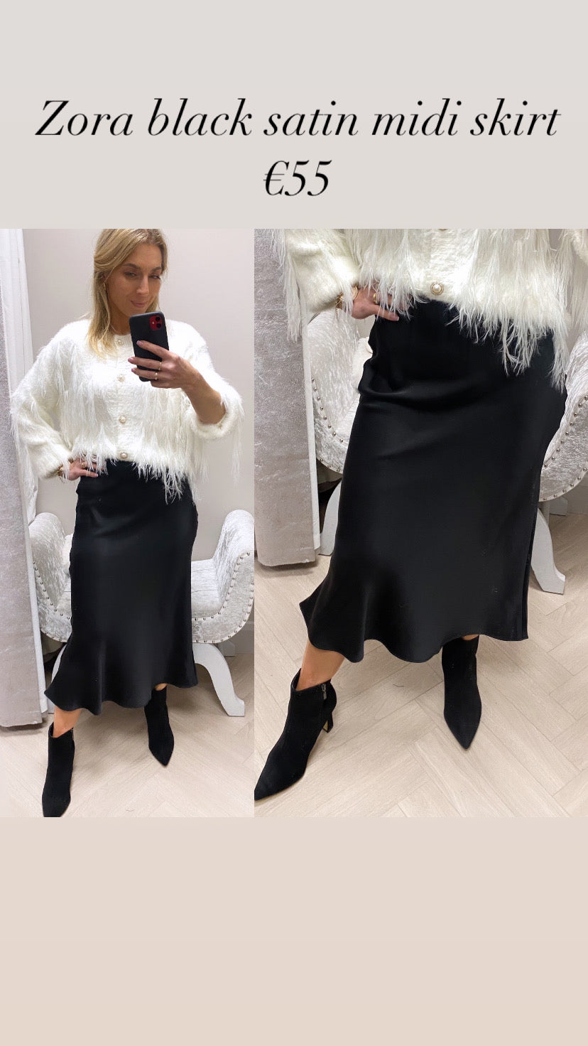 Zora black satin midi skirt