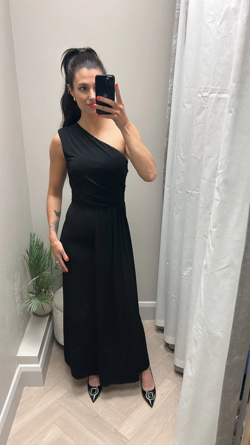 Emma black one shoulder midi dress
