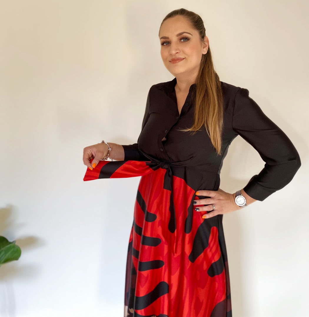 Isabella Red Leaf Tie Front Shirt Dress