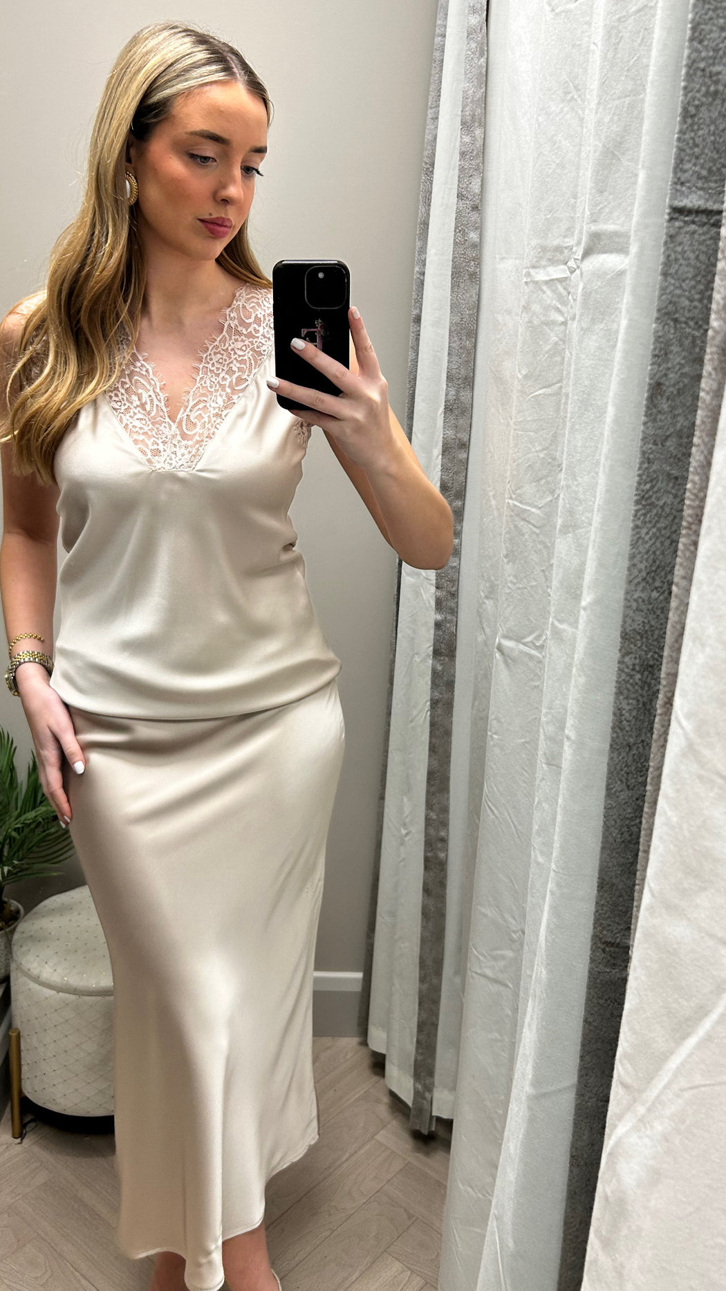 Champagne  satin Kansas midi skirt