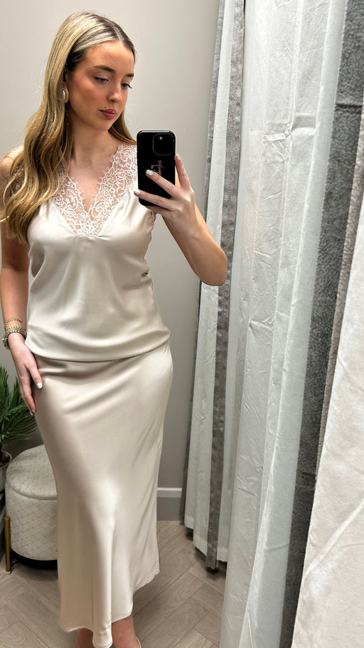 Champagne  satin Kansas midi skirt
