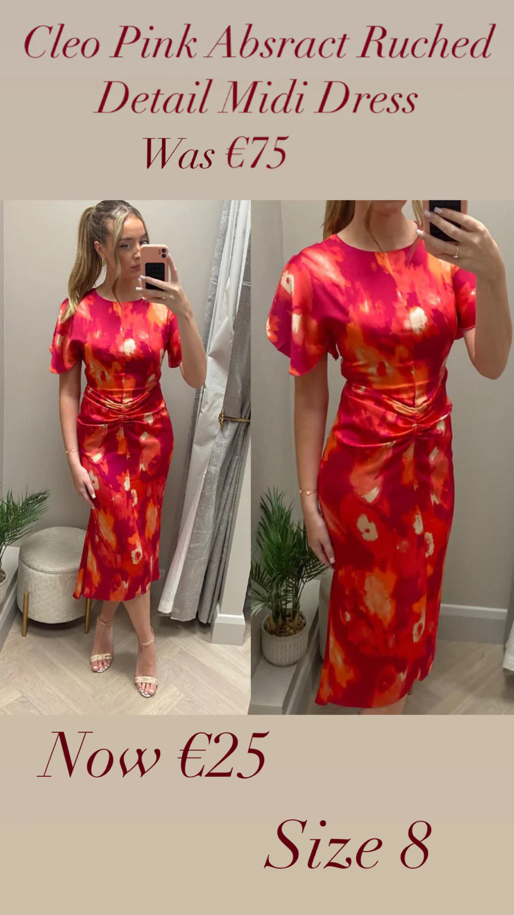 Cleo Pink Absract Ruched Detail Midi Dress