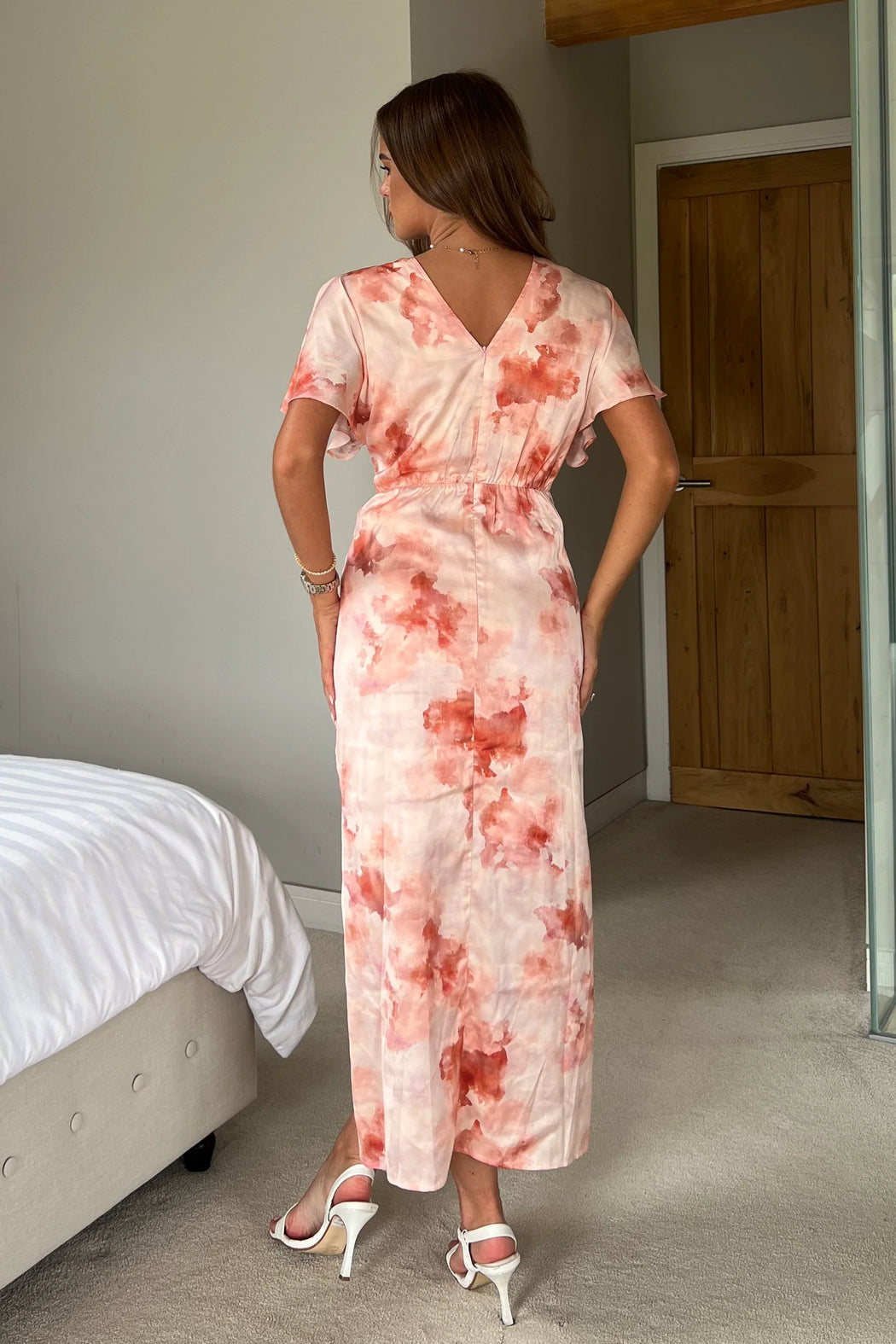 Priscilla Wrap Over Ruched Detail Midi Dress Pink Marble
