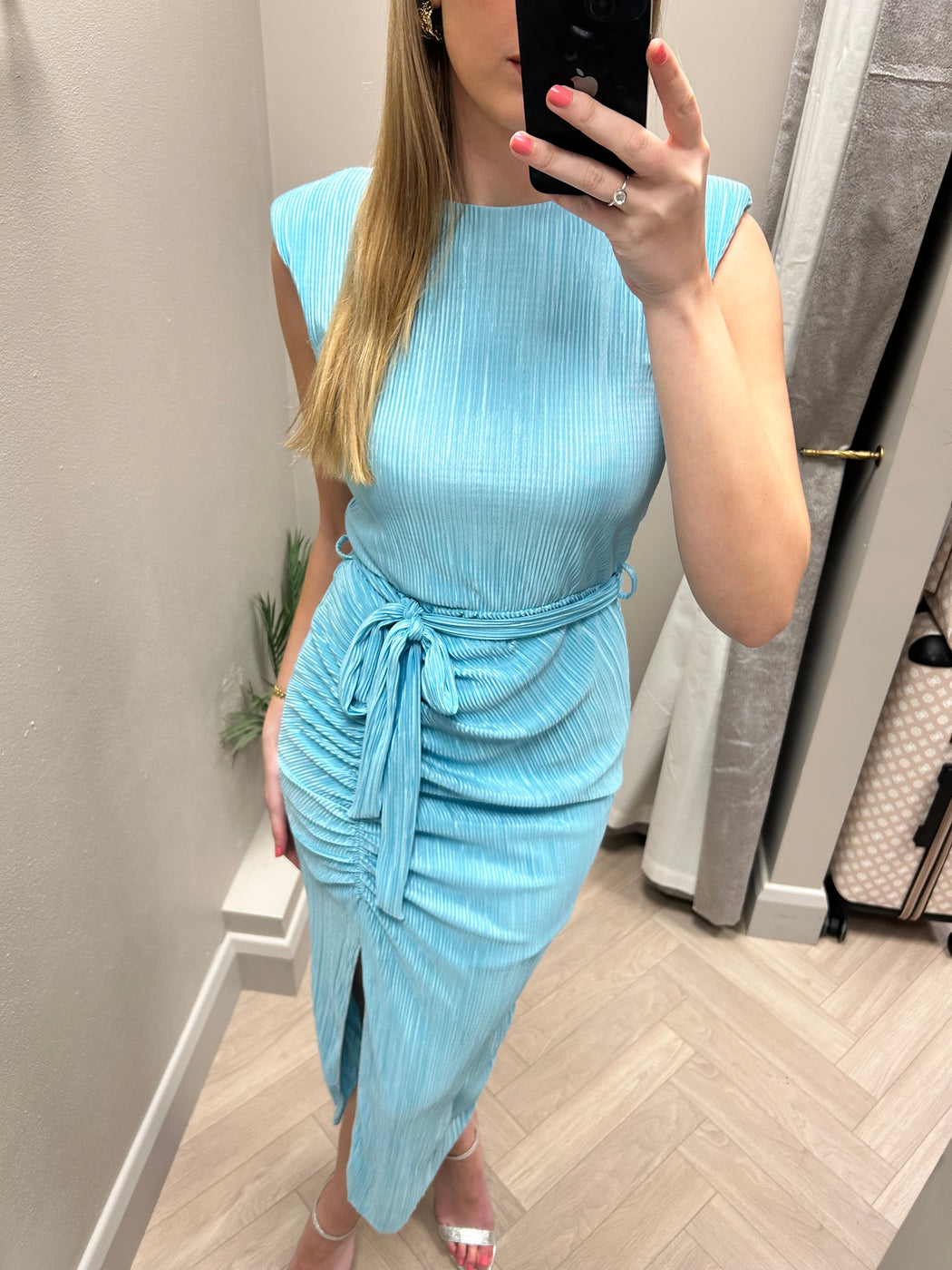 Elena sky blue Ruched Seamed Midi Dress