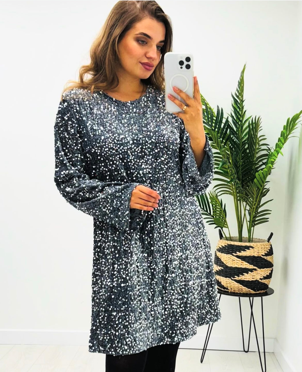 Silver sequin bow back dress
