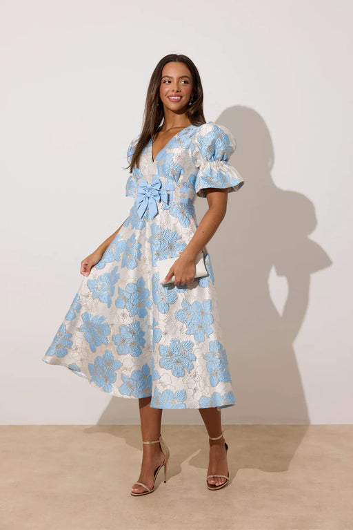 CALLIE METALLIC PUFF SLEEVE MIDI DRESS - PALE BLUE