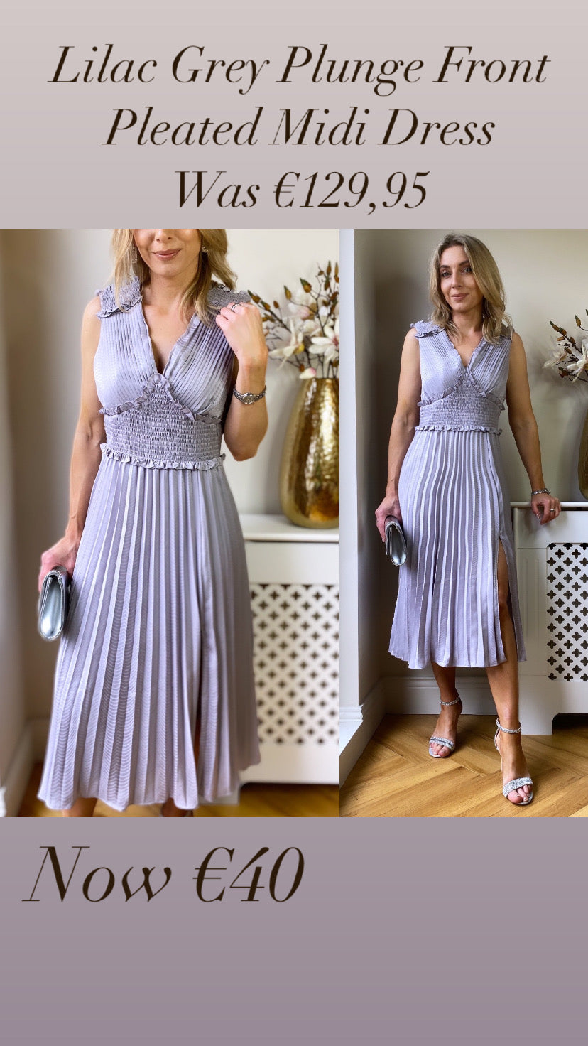 Lilac Grey Plunge Front Pleated Midi Dress