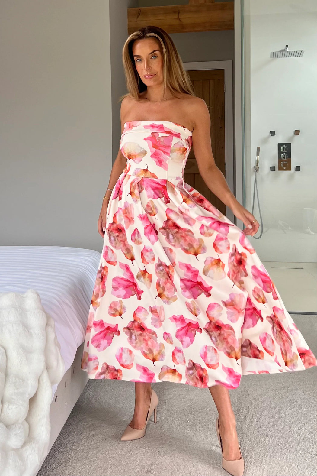 Danni Strapless Bandeau Midi Dress Pink Floral