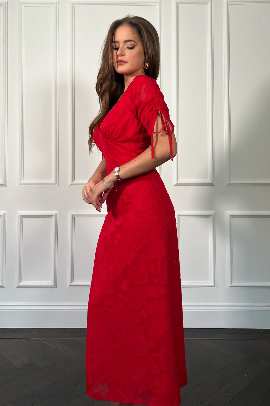 Emily red Burnout Tie Sleeve Midi Dress