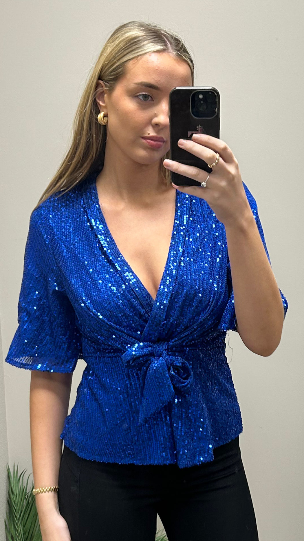 Brooke Cobalt Sequin Wrap Detail Top