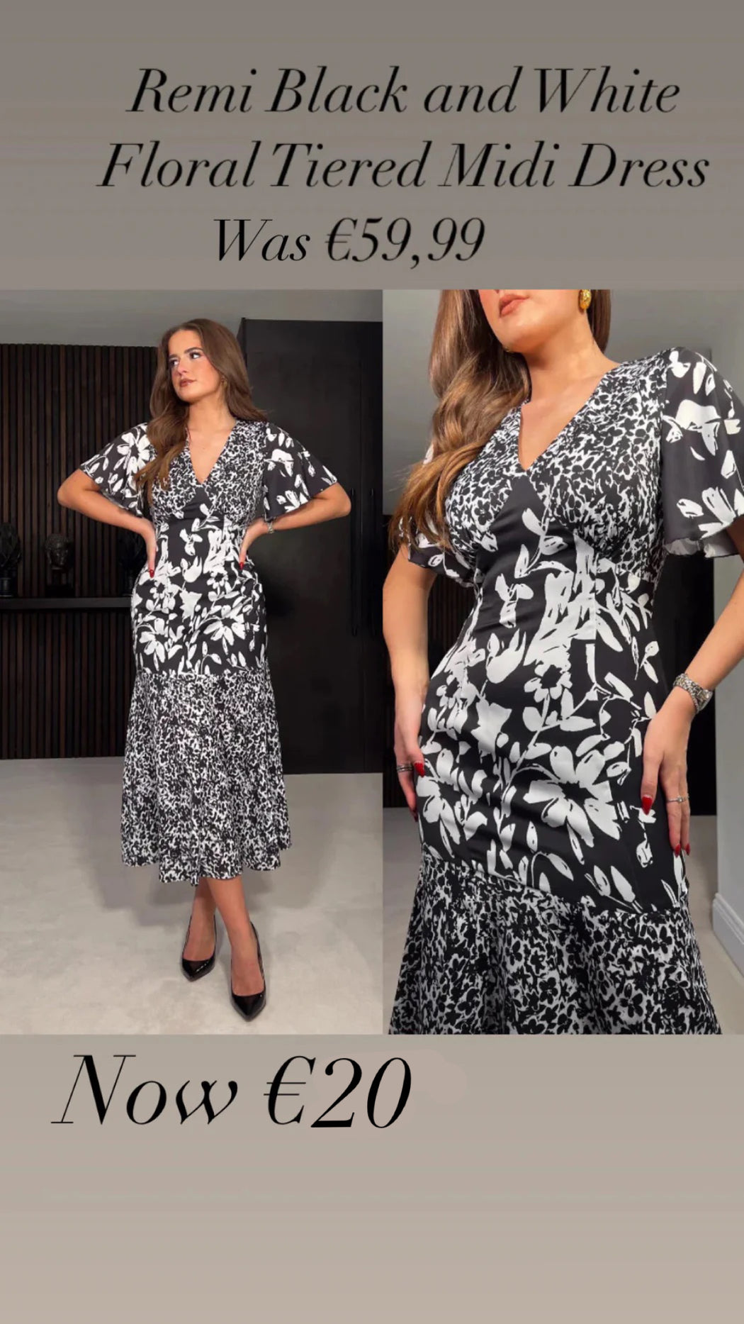 Remi Black and White Floral Tiered Midi Dress