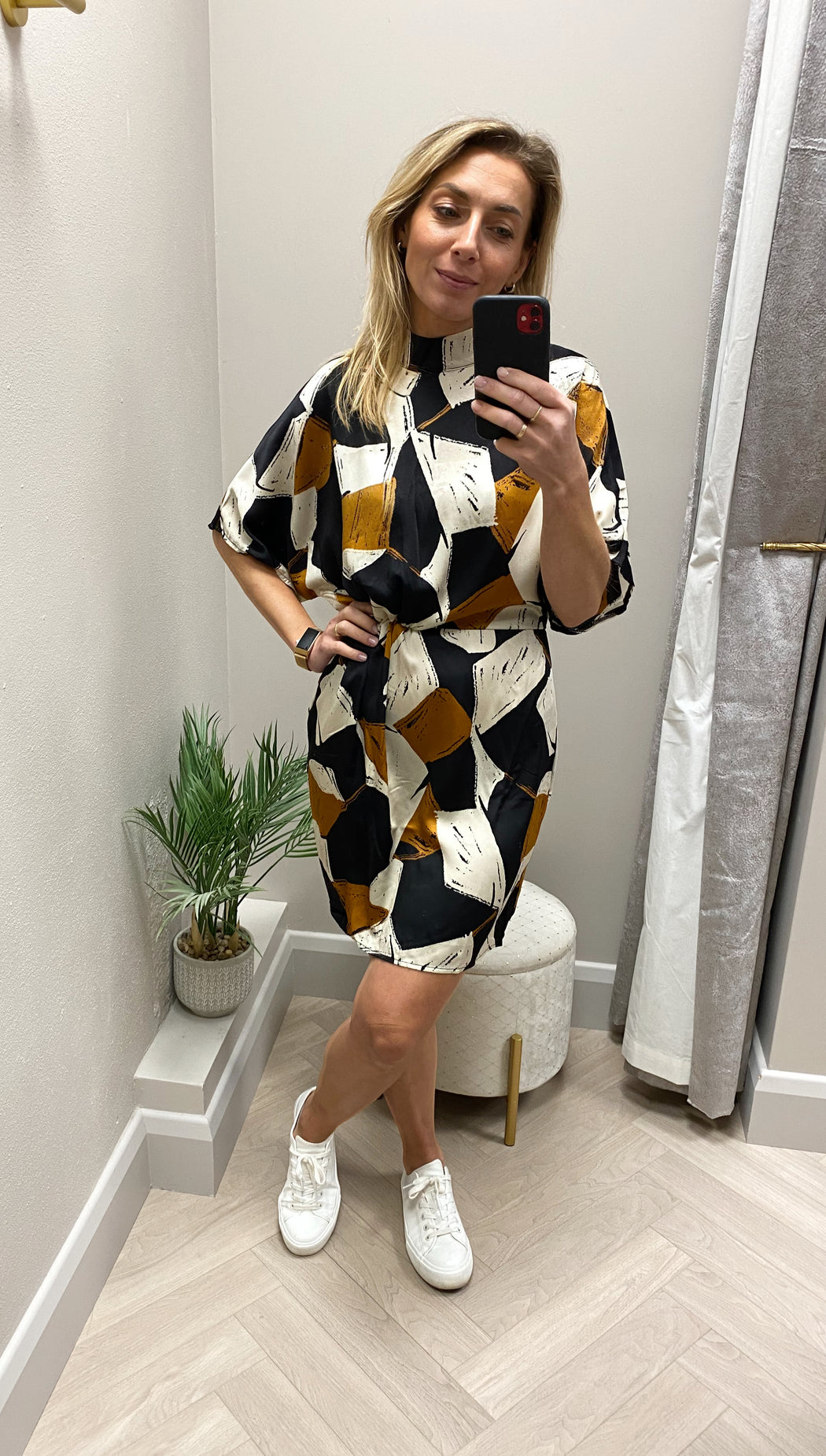 Da1861 Multi Geometric Print High Neck Mini Dress