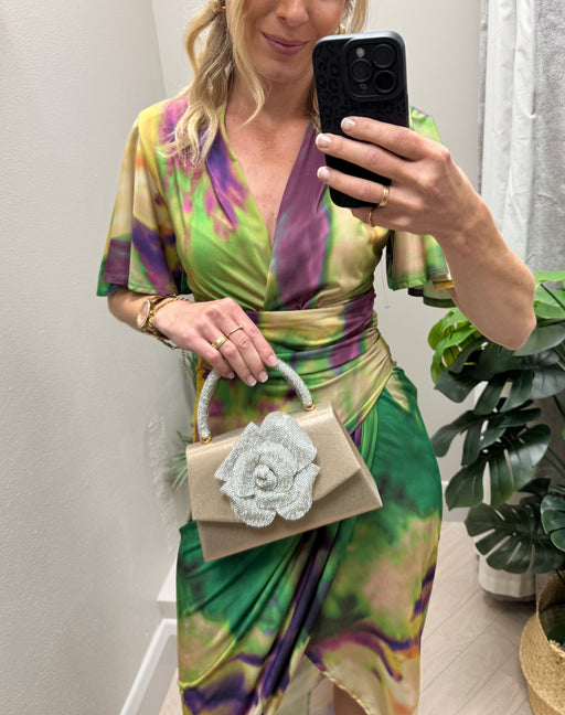 Rhinestone rose flower gold bag