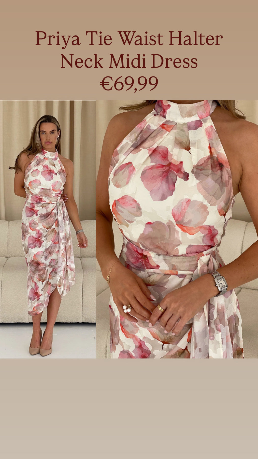 Priya Tie Waist Halter Neck Midi Dress