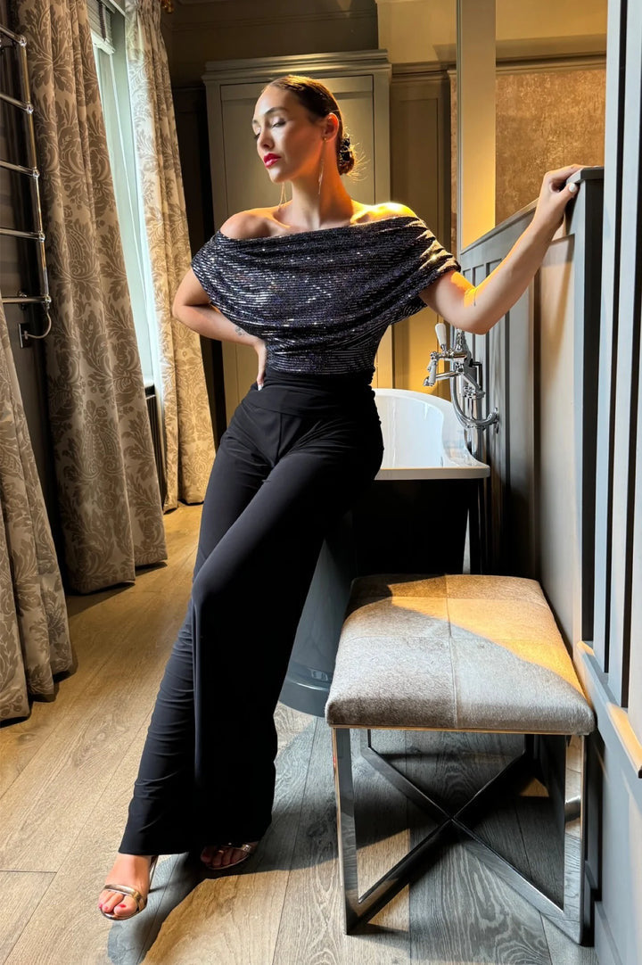 Black sparkle Atom label carbon jersey jumpsuit