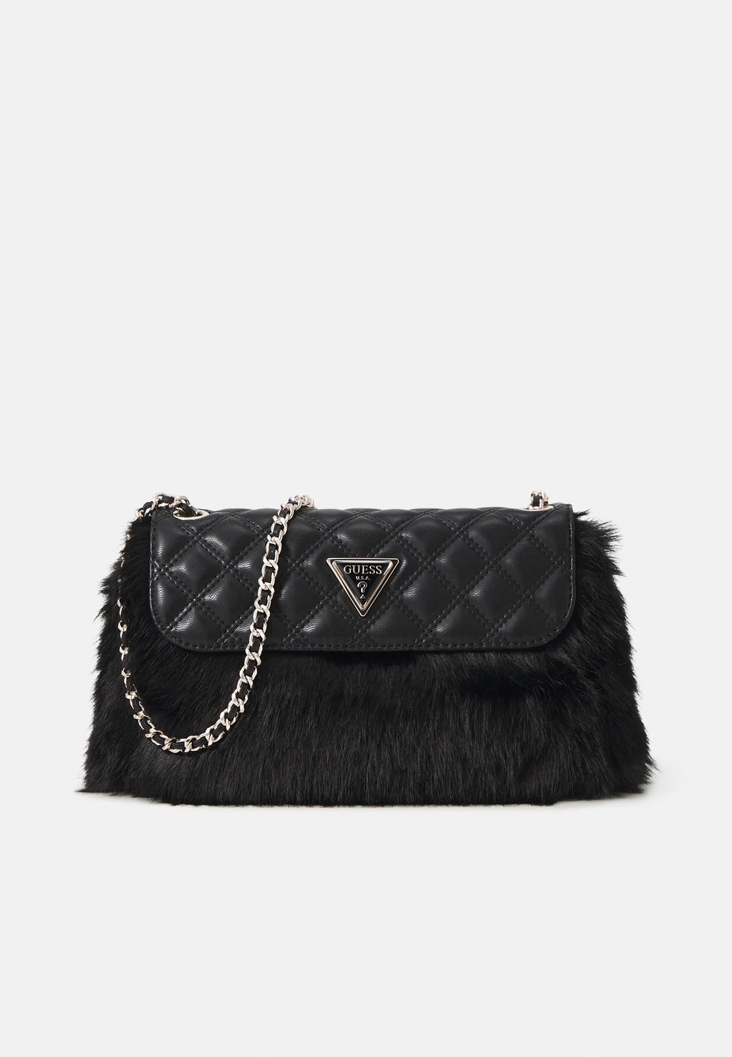 Guess black lise flap over faux fur convertible shoulder / crossbody