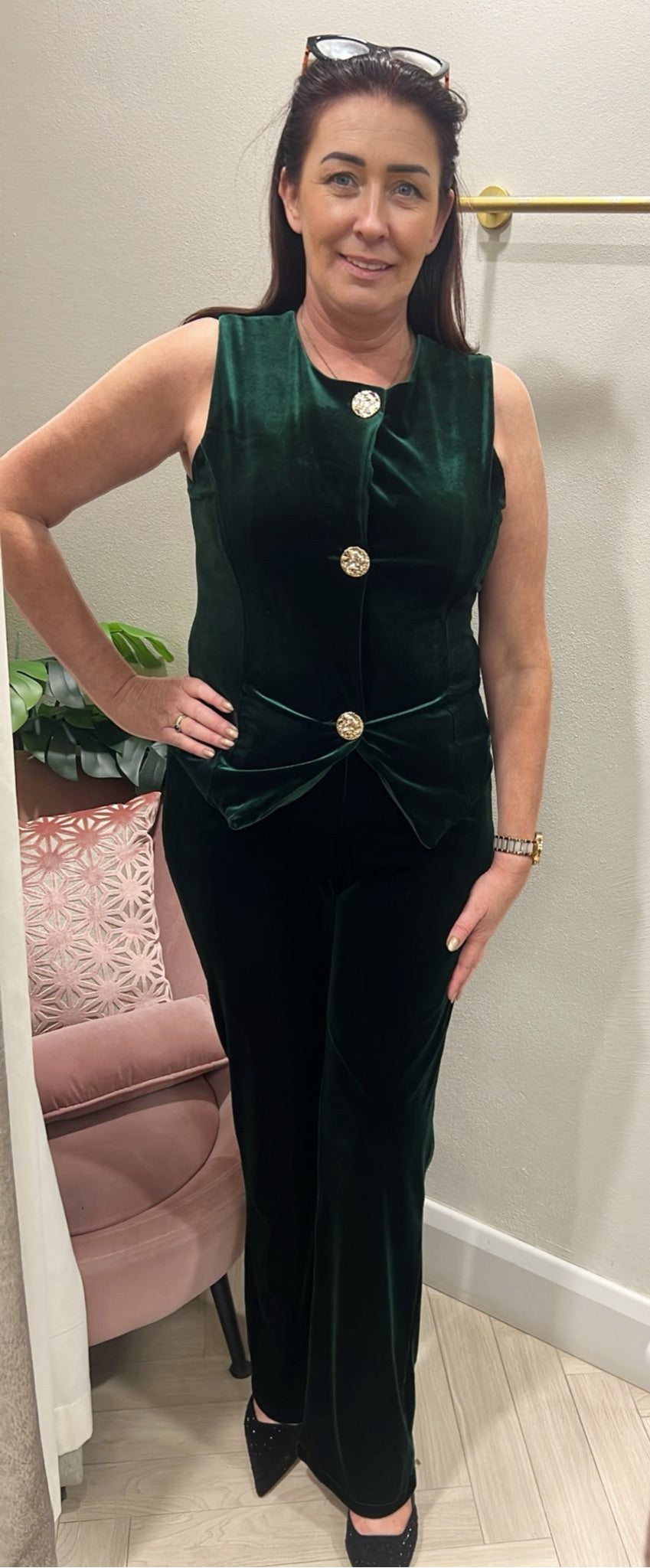 Green velvet two piece suit